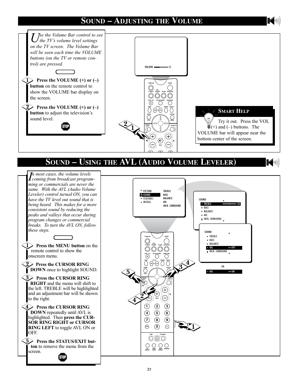 Avl (a, Ound, Sing the | Udio, Olume, Eveler, Djusting the | Philips 32PT91S1 User Manual | Page 31 / 55