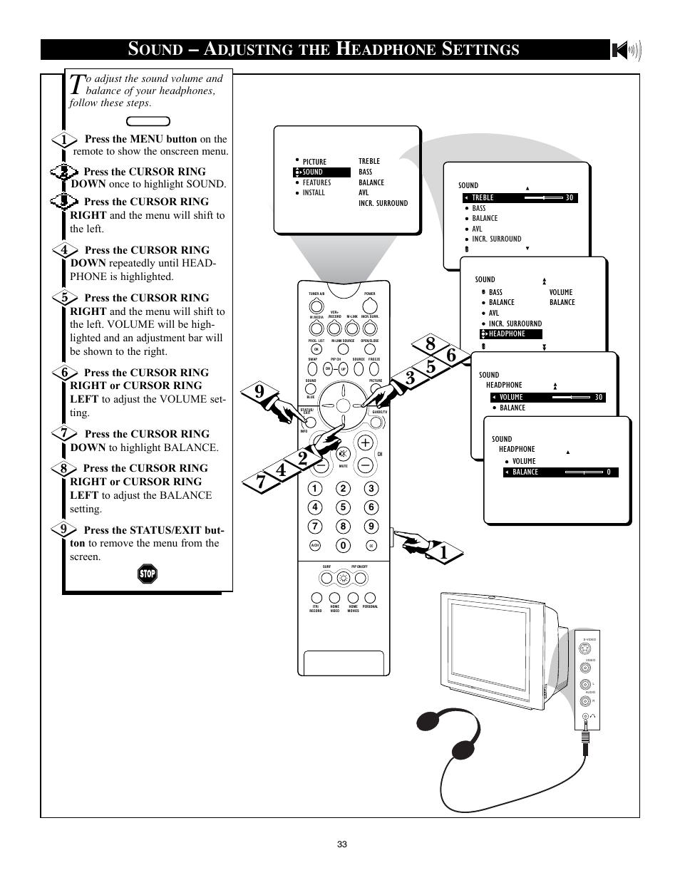 Ound, Djusting the, Eadphone | Ettings | Philips 32PT91S1 User Manual | Page 33 / 55