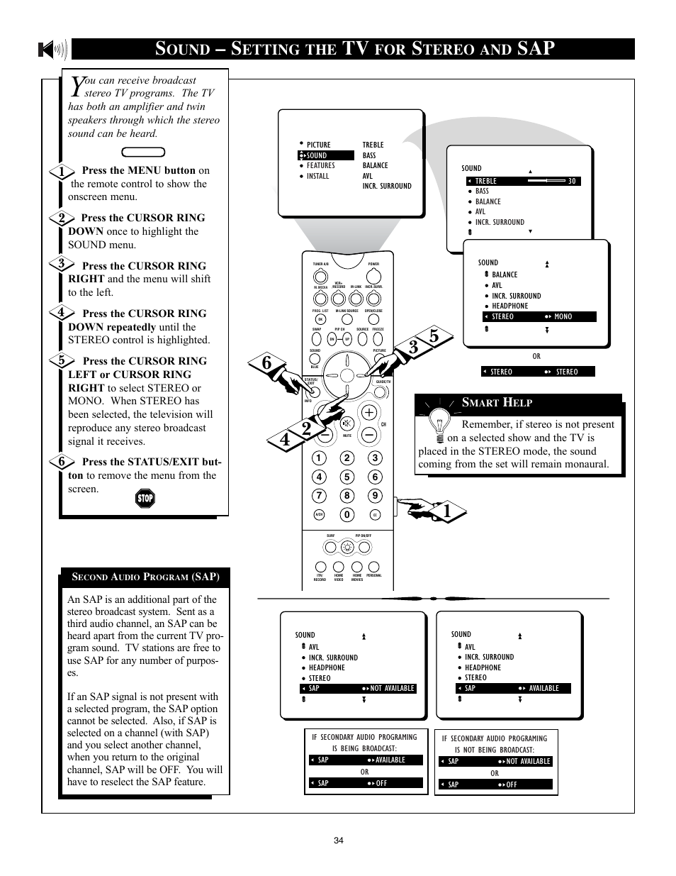 Ound, Etting the, Tereo and | Philips 32PT91S1 User Manual | Page 34 / 55