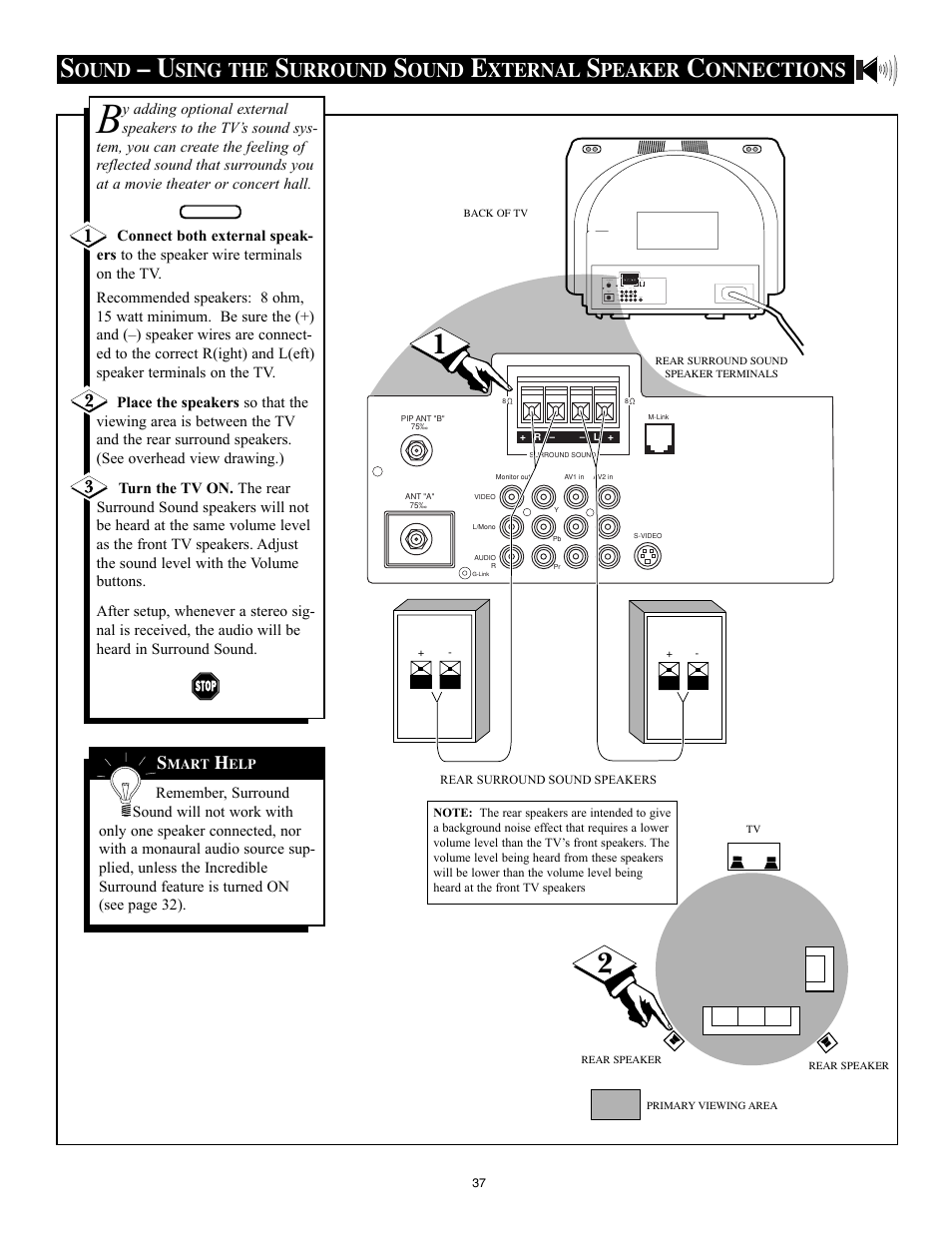 Onnections, Ound, Sing the | Urround, Xternal, Peaker | Philips 32PT91S1 User Manual | Page 37 / 55