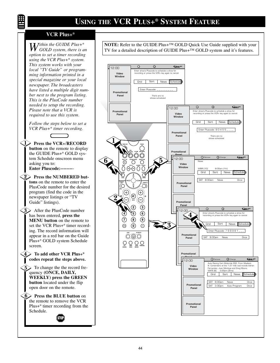 Vcr p, Sing the, Ystem | Eature, Vcr plus, Ithin the guide plus, Gold system schedule screen. to add other vcr plus, Timer recording from the schedule | Philips 32PT91S1 User Manual | Page 44 / 55