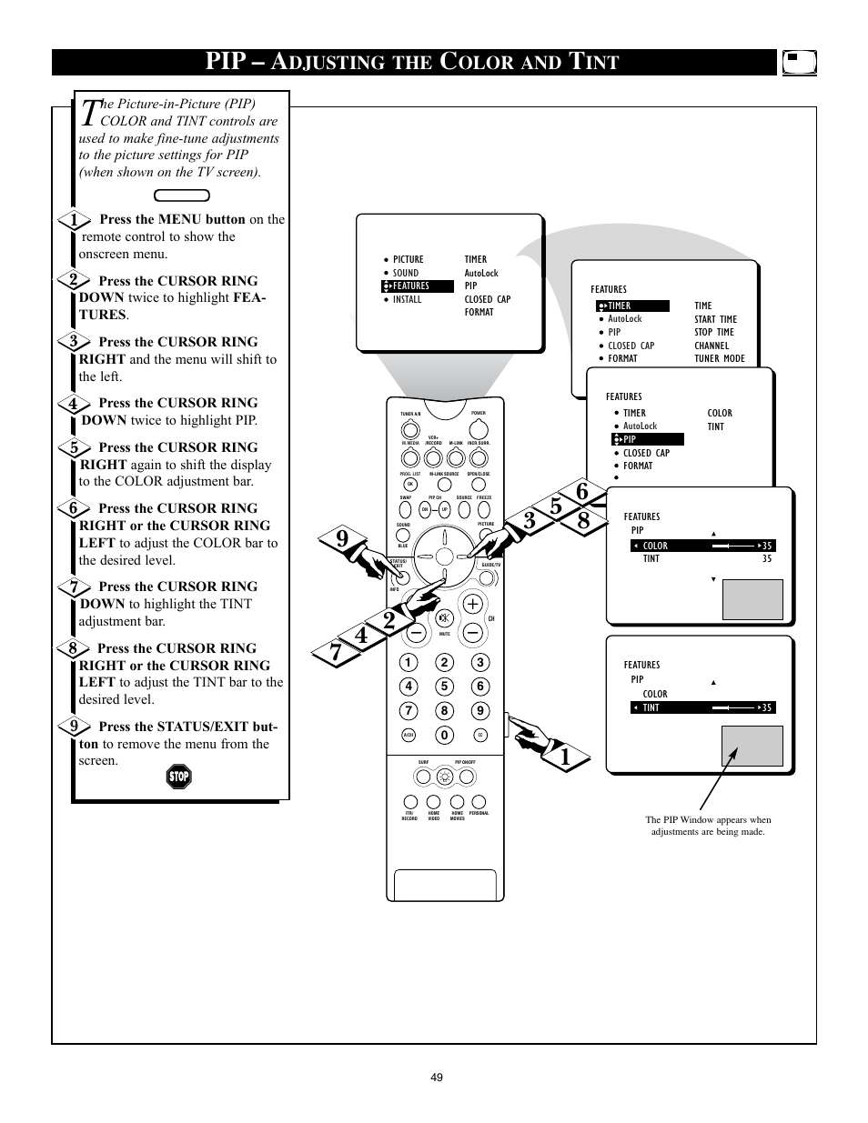 Pip – a, Djusting the, Olor and | Philips 32PT91S1 User Manual | Page 49 / 55
