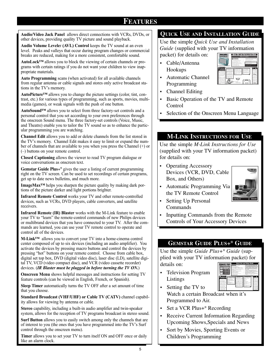 Eatures, Use the simple guide plus | Philips 32PT91S1 User Manual | Page 5 / 55