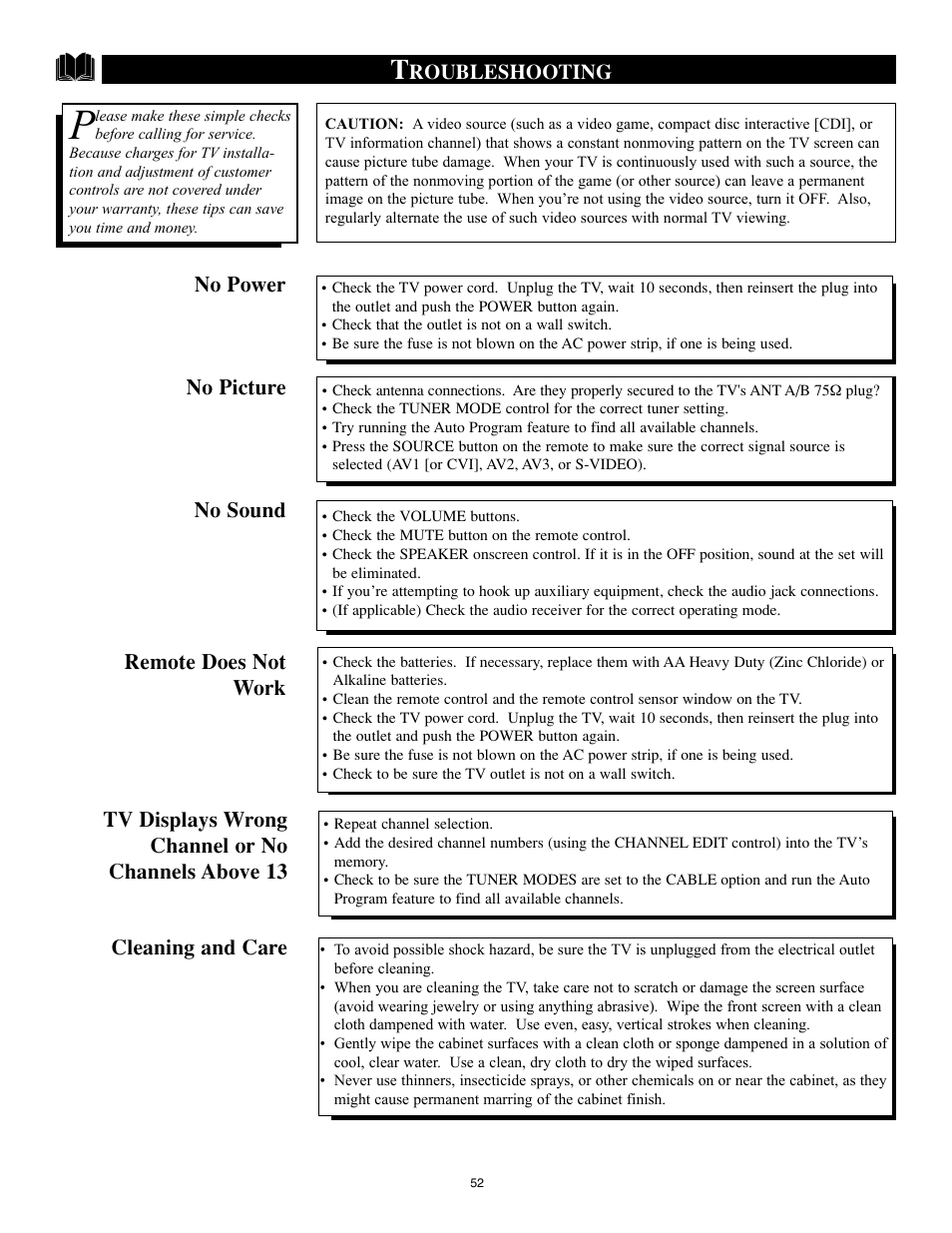 Roubleshooting, Cleaning and care | Philips 32PT91S1 User Manual | Page 52 / 55
