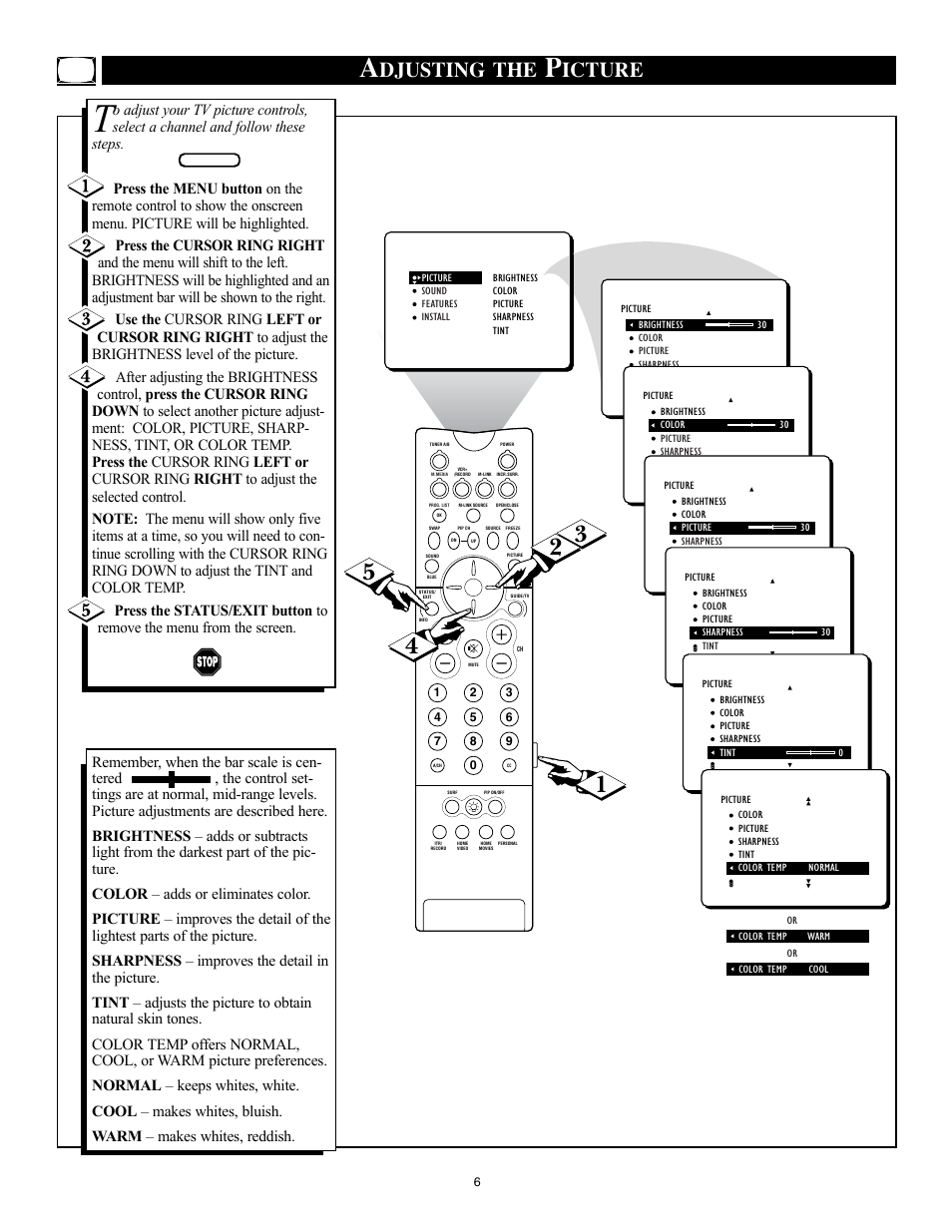 Djusting the, Icture | Philips 32PT91S1 User Manual | Page 6 / 55