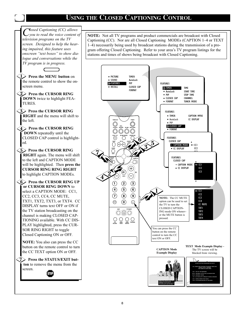 Sing the, Losed, Aptioning | Ontrol | Philips 32PT91S1 User Manual | Page 8 / 55