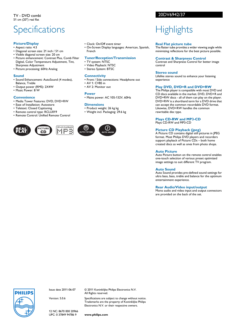 Specifications, Highlights | Philips Designer 20DV6942 User Manual | Page 2 / 2