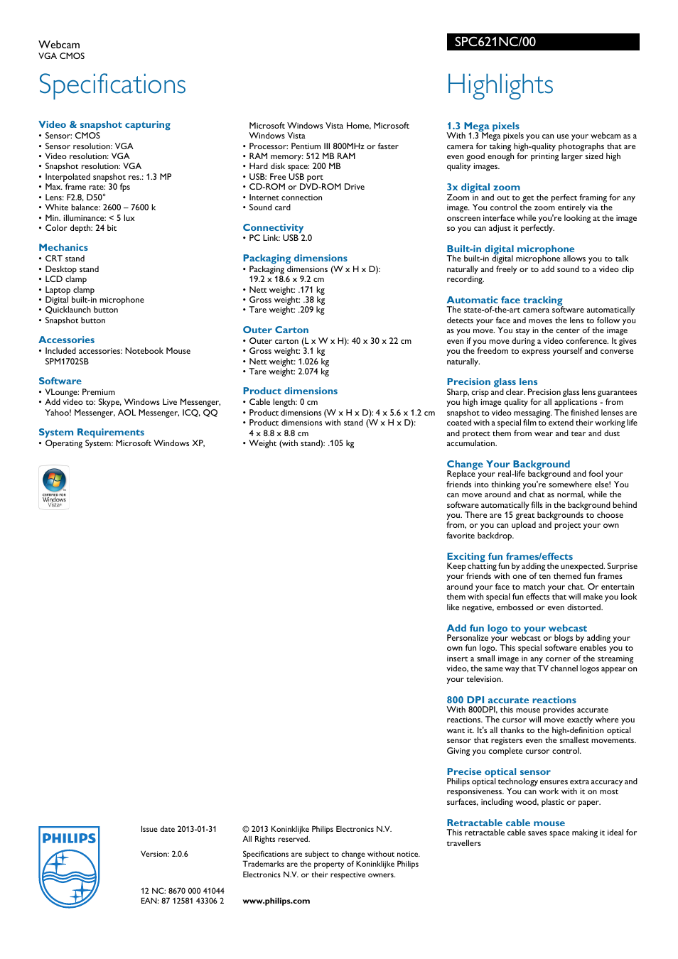 Specifications, Highlights | Philips VGA SPC621NC User Manual | Page 2 / 2