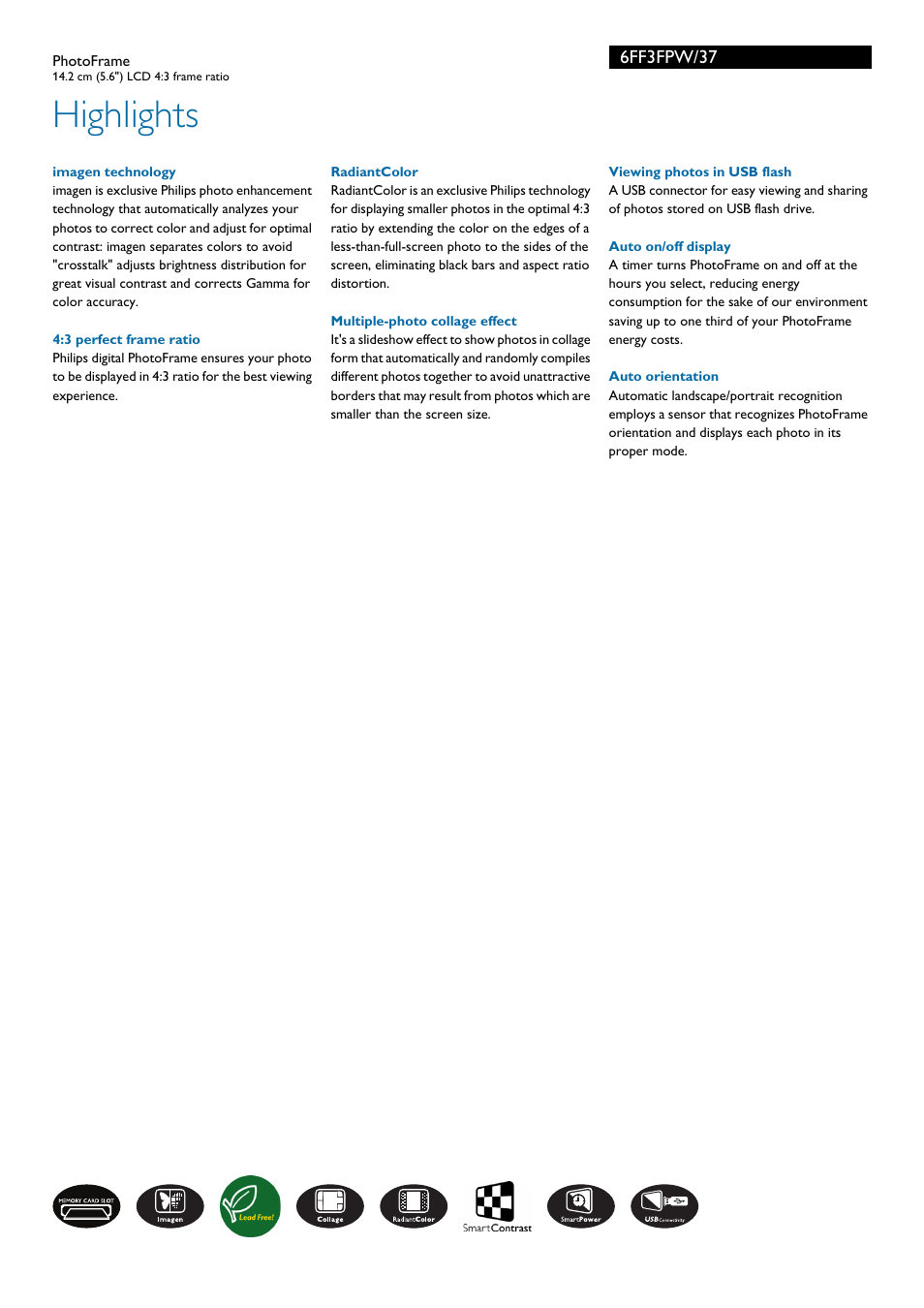 Highlights, 6ff3fpw/37 | Philips 6FF3FPW/37 User Manual | Page 2 / 3
