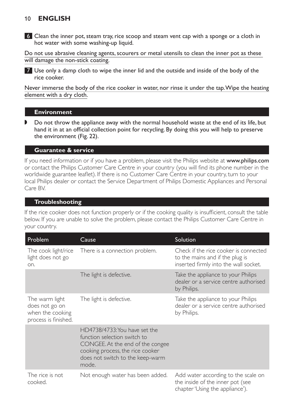 Environment, Guarantee & service, Troubleshooting | Philips HD4728 User Manual | Page 10 / 20