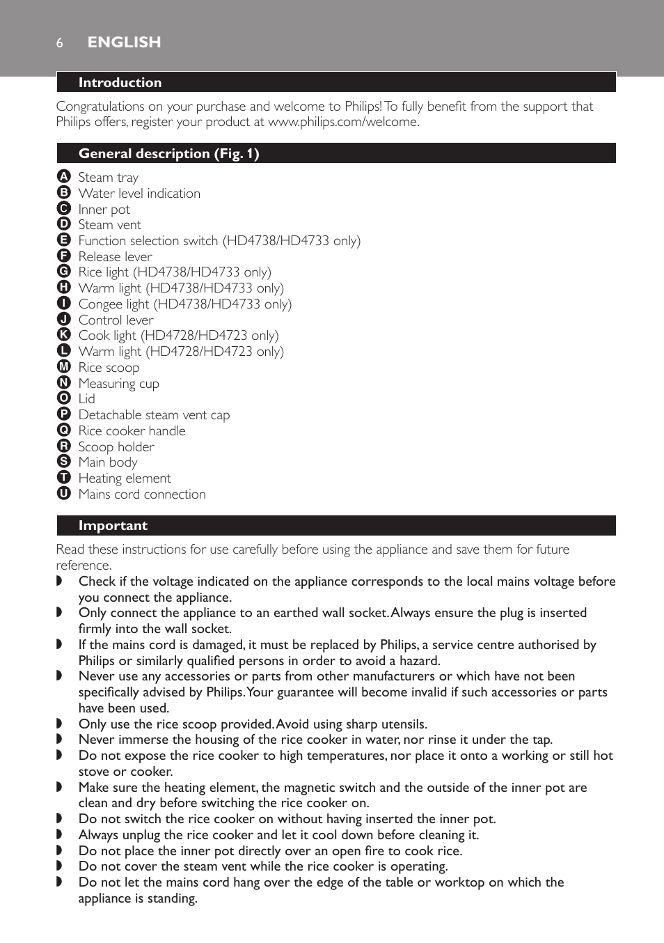 English, Introduction, General description (fig. 1) | Important | Philips HD4728 User Manual | Page 6 / 20