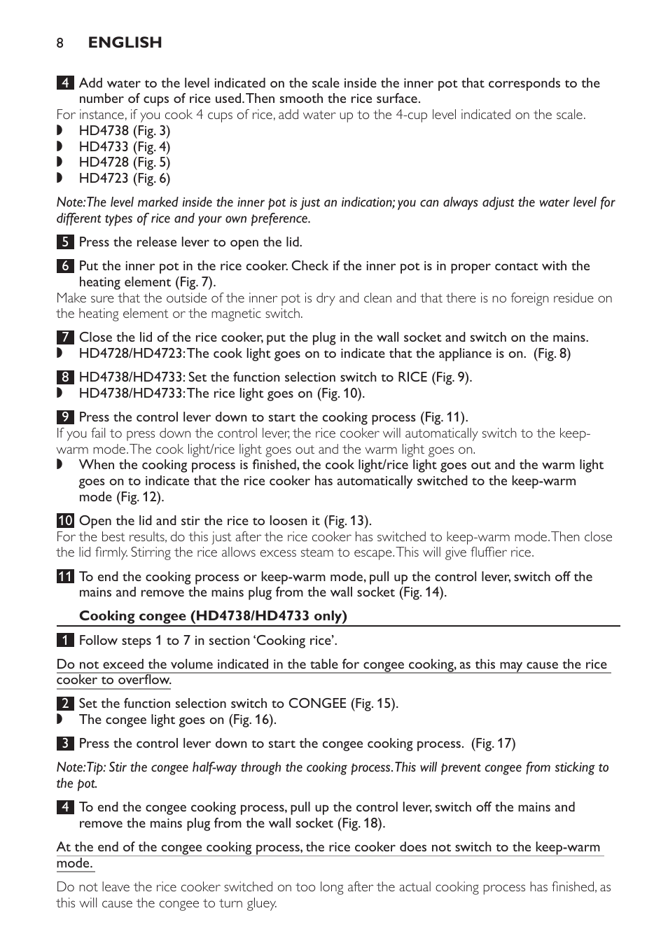 Cooking congee (hd4738/hd4733 only) | Philips HD4728 User Manual | Page 8 / 20