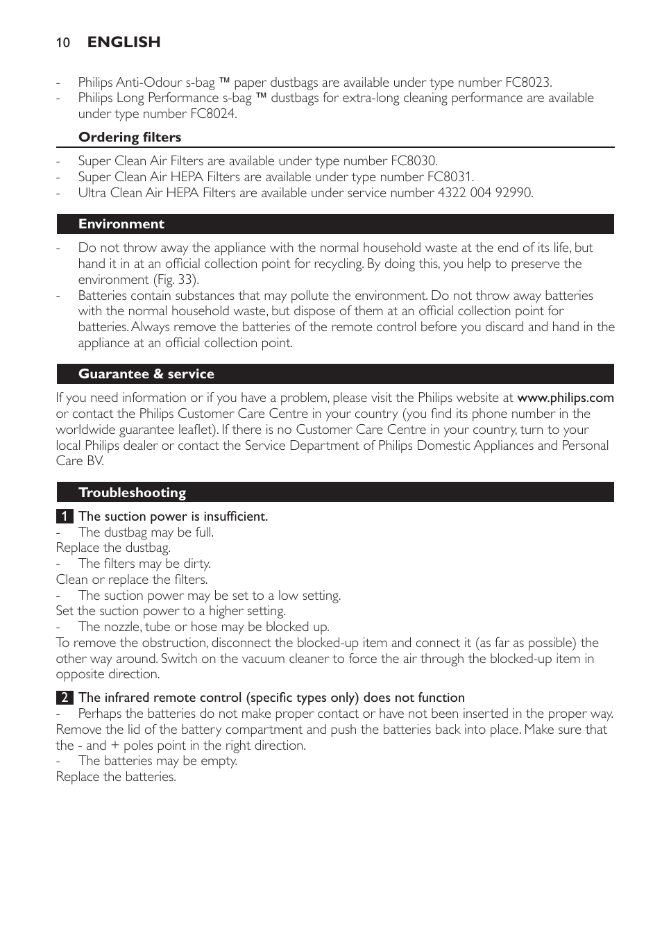 Ordering filters, Environment, Guarantee & service | Troubleshooting | Philips FC9166-9160 User Manual | Page 10 / 24