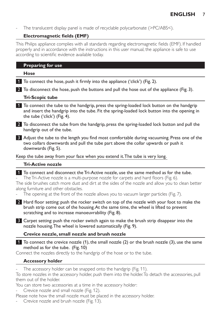 Electromagnetic fields (emf), Preparing for use, Hose | Tri-scopic tube, Tri-active nozzle, Crevice nozzle, small nozzle and brush nozzle, Accessory holder | Philips FC9166-9160 User Manual | Page 7 / 24