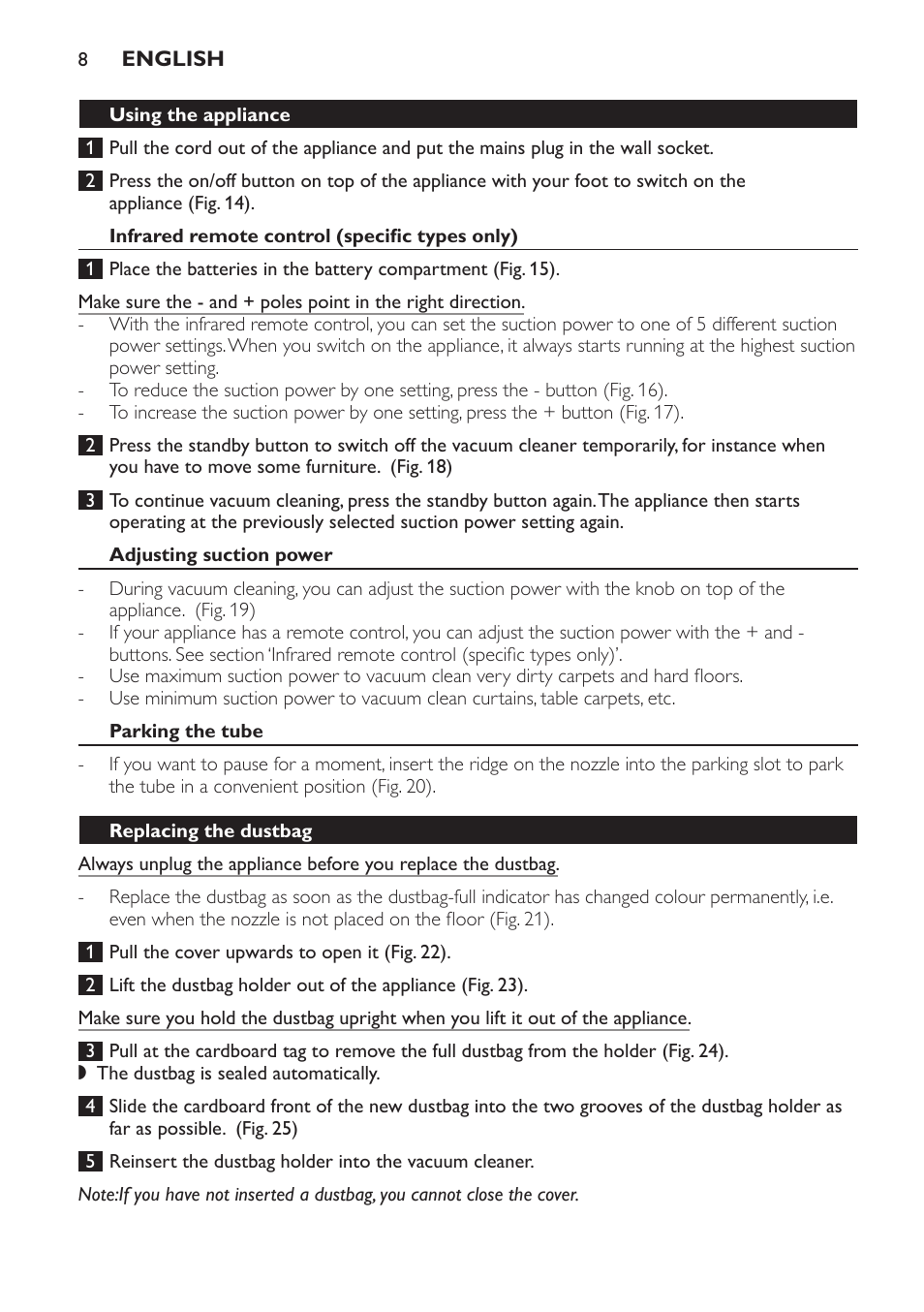 Using the appliance, Infrared remote control (specific types only), Adjusting suction power | Parking the tube, Replacing the dustbag | Philips FC9166-9160 User Manual | Page 8 / 24