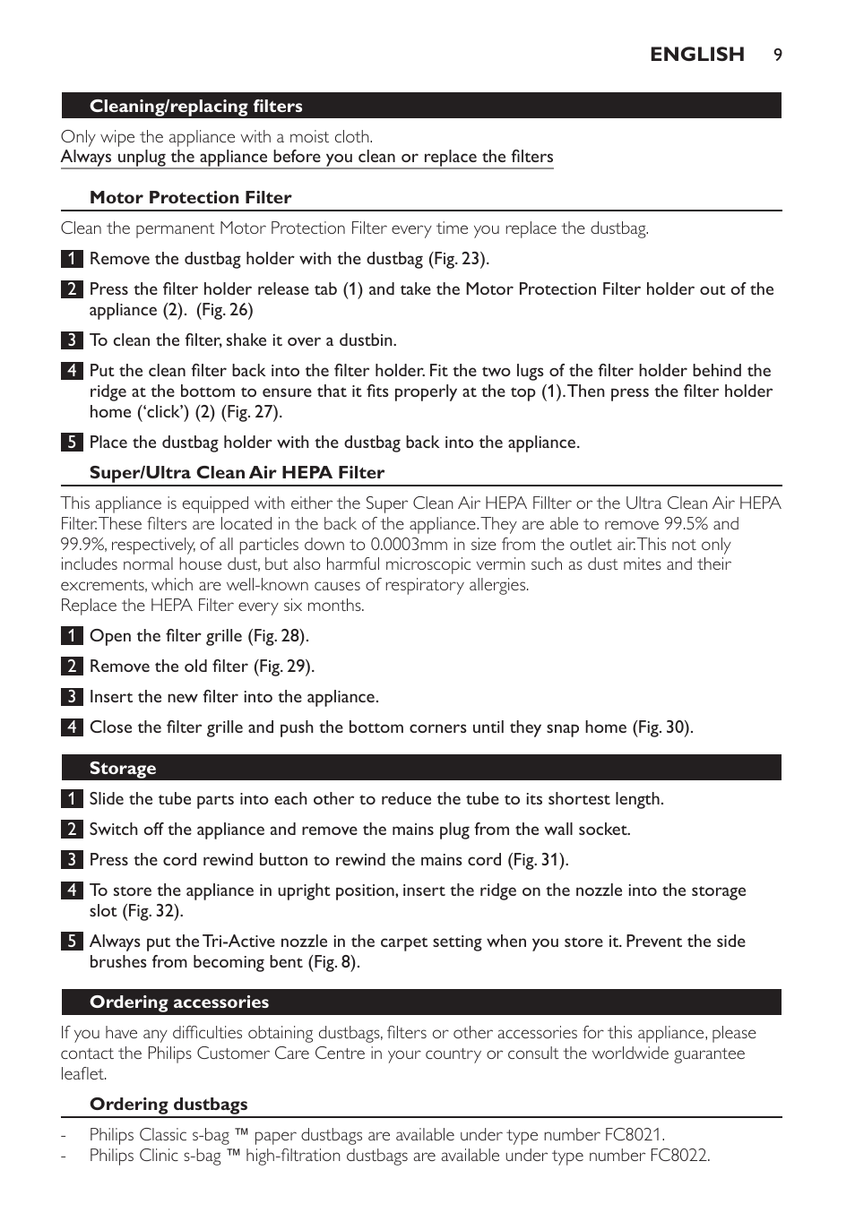 Cleaning/replacing filters, Motor protection filter, Super/ultra clean air hepa filter | Storage, Ordering accessories, Ordering dustbags | Philips FC9166-9160 User Manual | Page 9 / 24