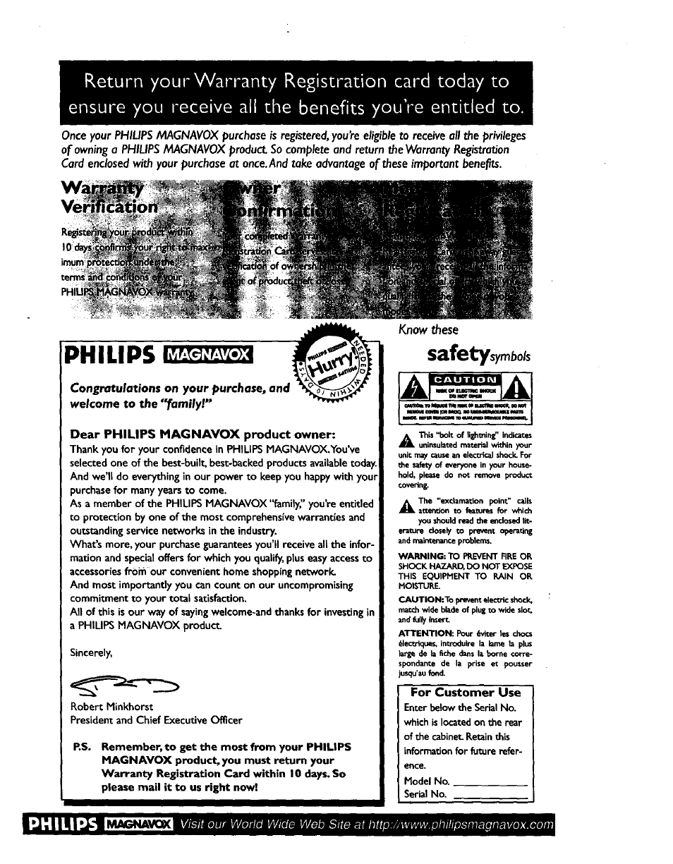 Philips, Fixation, Magnavox | Dear philips magnavox product owner, For customer use | Philips CCZ192AT User Manual | Page 2 / 52