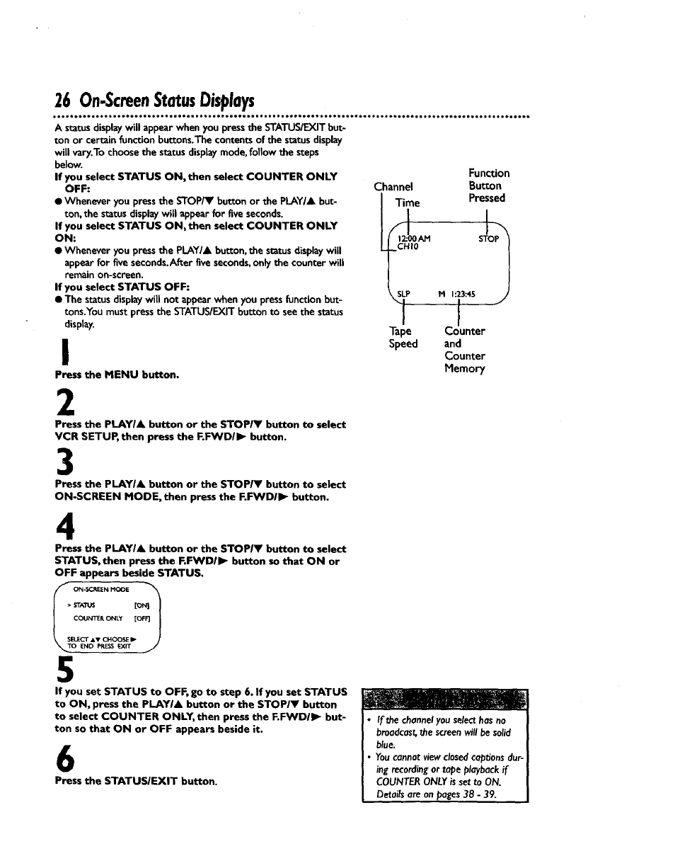 26 on-screen status displays | Philips CCZ192AT User Manual | Page 26 / 52