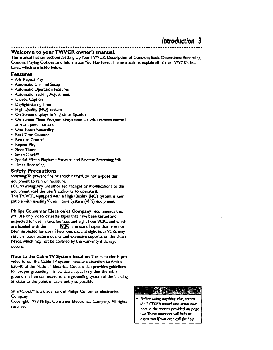 Introduction 3, Welcome to yourtv/vcr owner’s manual, Features | Safety precautions | Philips CCZ192AT User Manual | Page 3 / 52