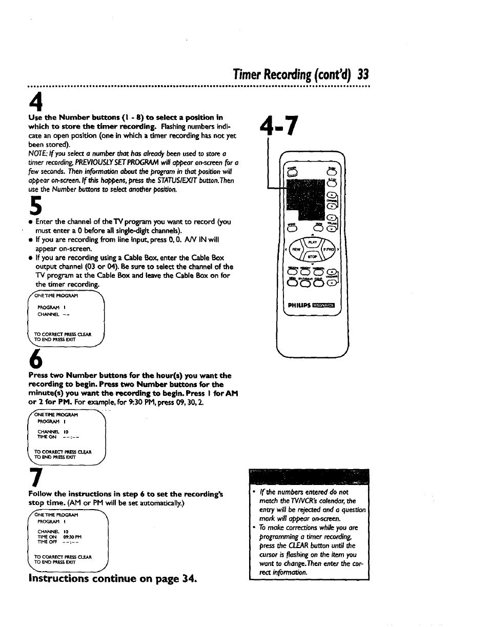 Timer recording (contvf) 33, Instructions continue on page 34 | Philips CCZ192AT User Manual | Page 33 / 52