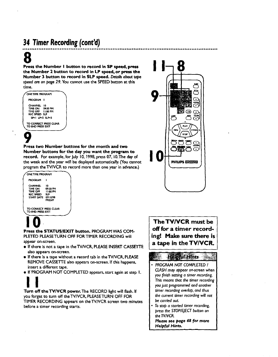 I l-i8, 34 timer recording (cont'd) | Philips CCZ192AT User Manual | Page 34 / 52