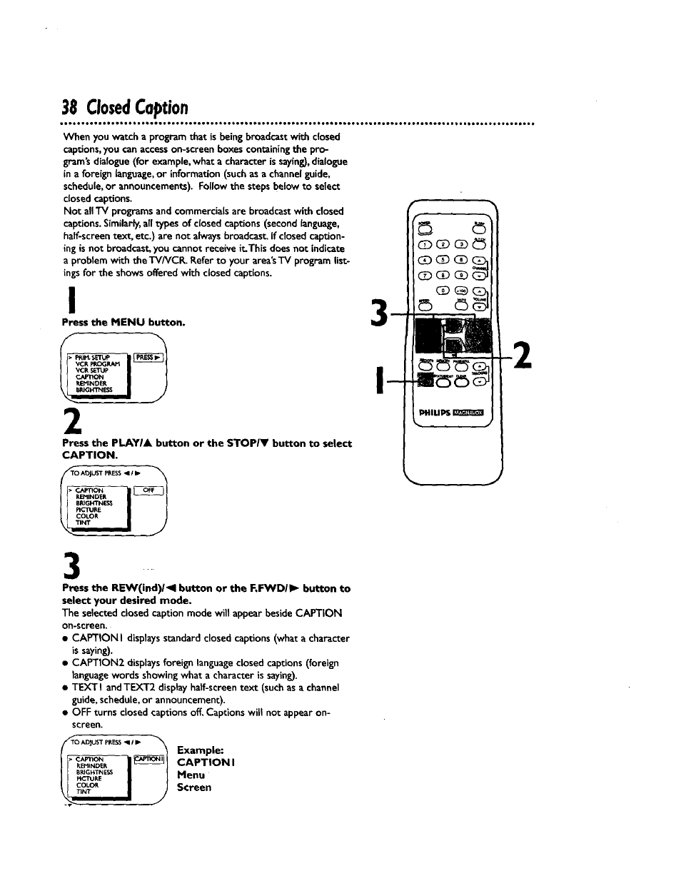 38 closed caption | Philips CCZ192AT User Manual | Page 38 / 52