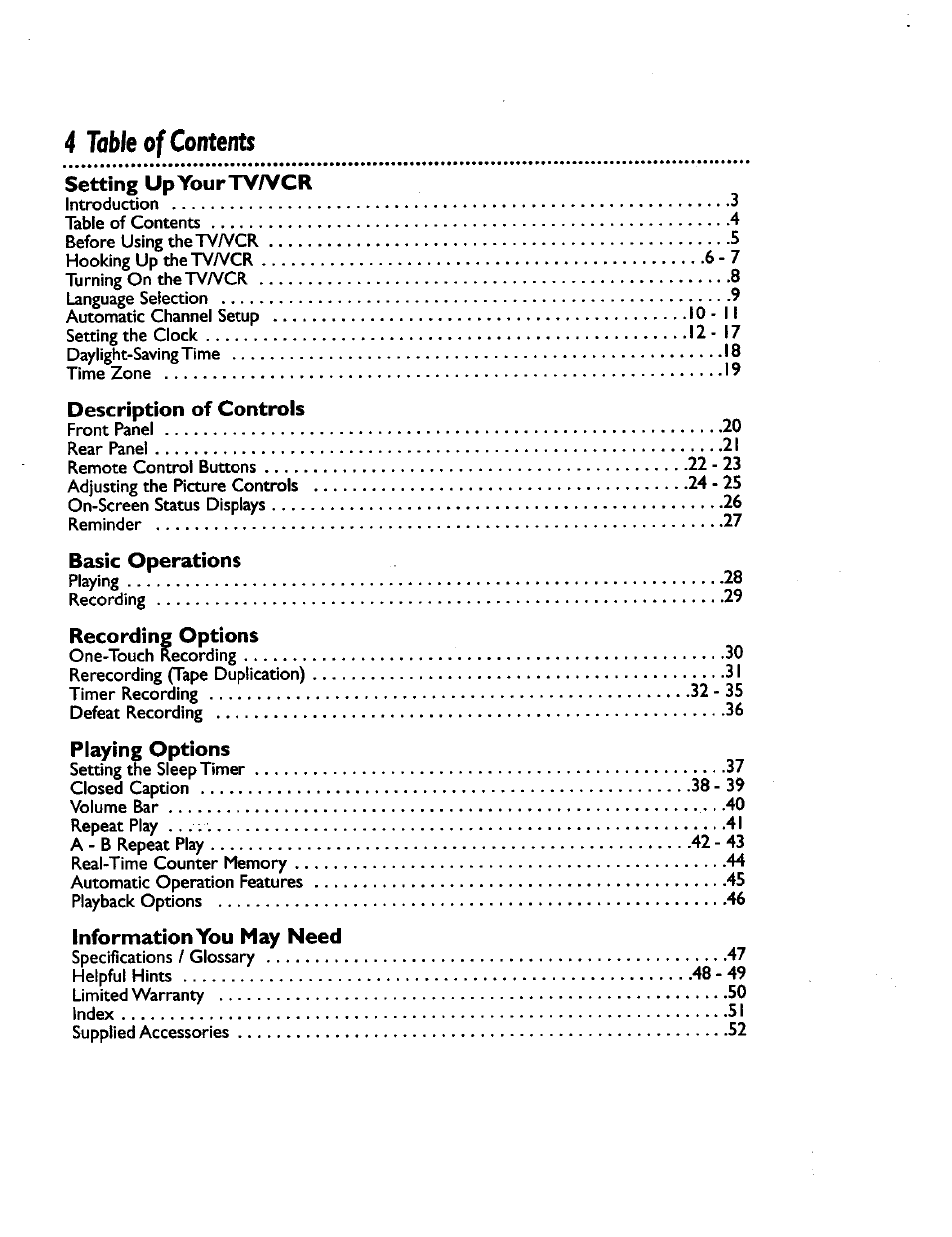 4 table of contents, Setting upyourty/vcr, Description of controls | Basic operations, Recording options, Playing options, Information you may need | Philips CCZ192AT User Manual | Page 4 / 52