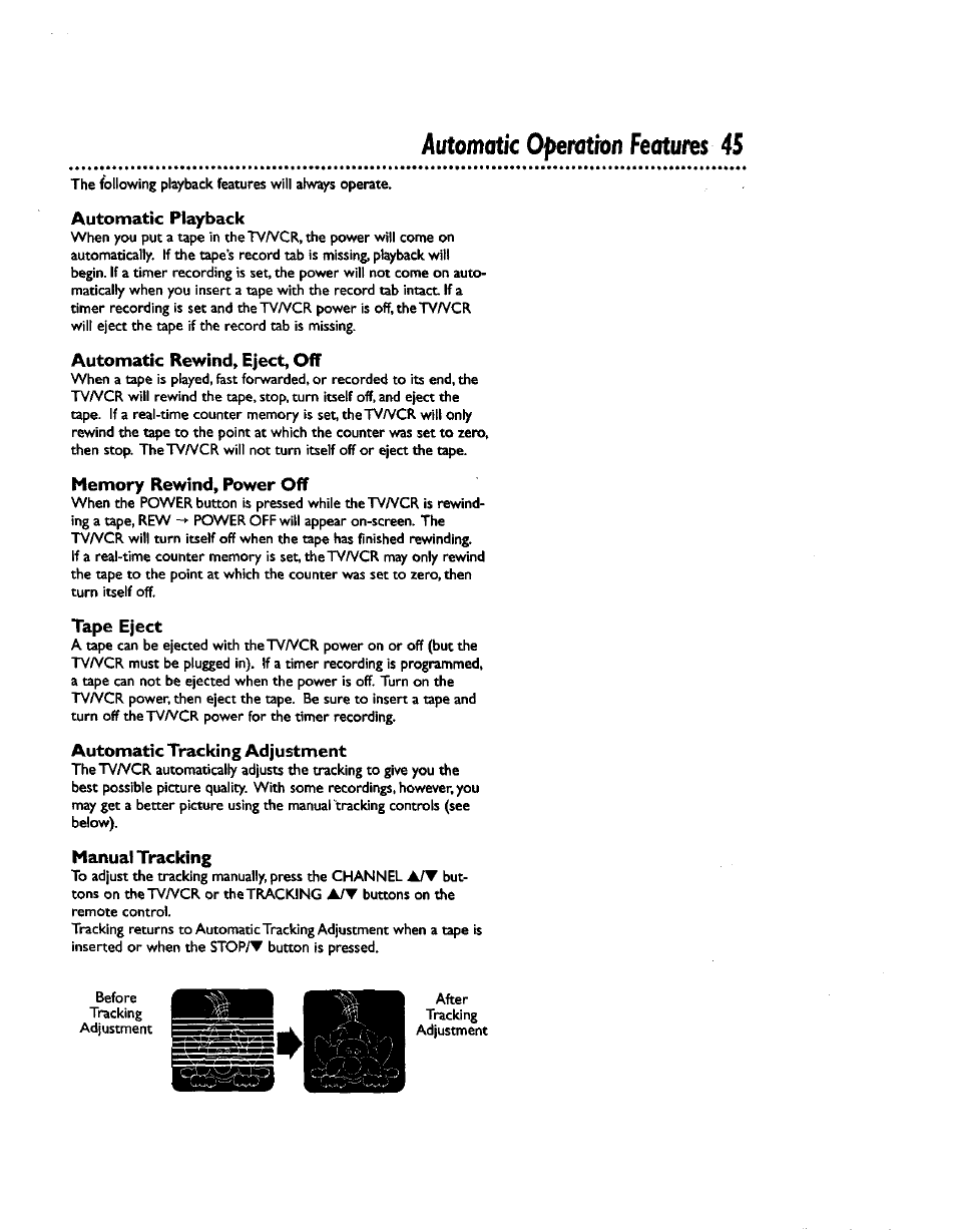 Automatic operation features 45, Automatic playback, Automatic rewind, eject, off | Tape eject, Automatic tracking adjustment, Manual tracking | Philips CCZ192AT User Manual | Page 45 / 52