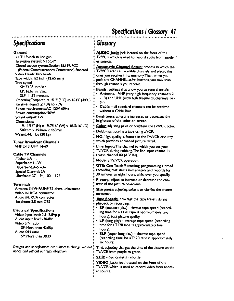 Sf>ecification$ / glossary 47 specifications, Glossary | Philips CCZ192AT User Manual | Page 47 / 52