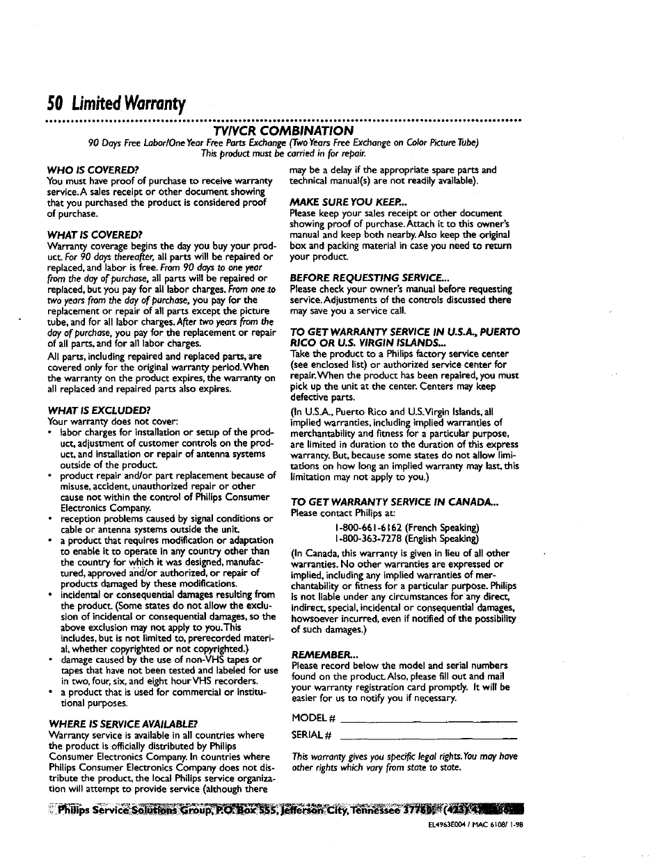 50 limited warranty, Tv/vcr combination | Philips CCZ192AT User Manual | Page 50 / 52