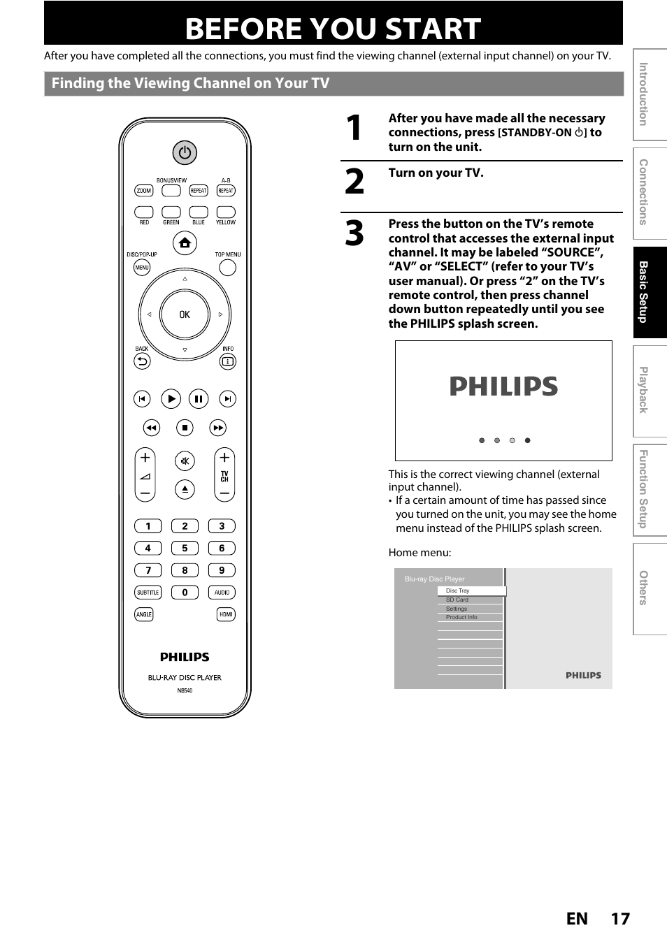 Before you start, Finding the viewing channel on your tv, 17 en | Philips BDP5005/F7 User Manual | Page 17 / 52