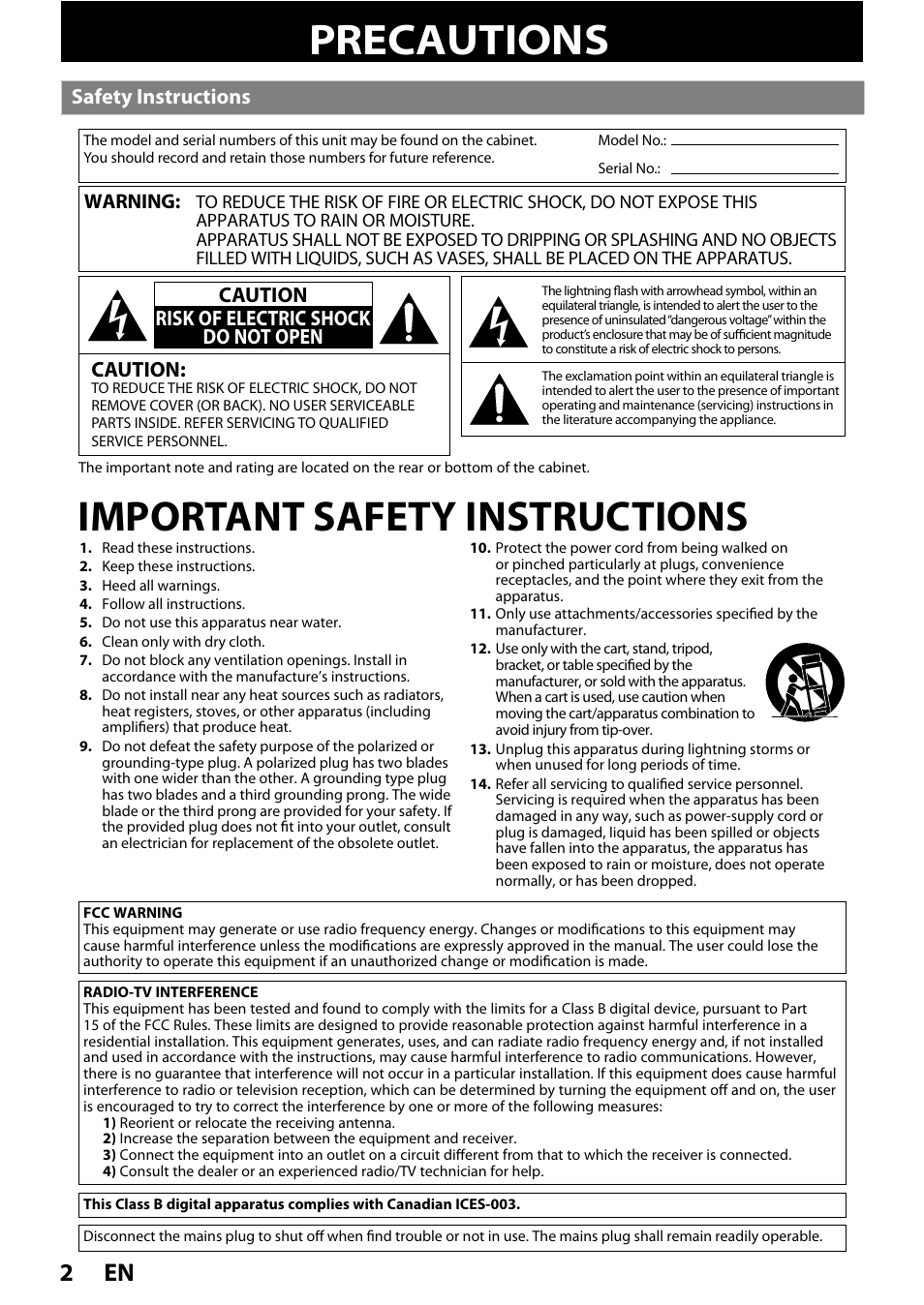Precautions, Important safety instructions, En 2 | Safety instructions, Caution, Caution risk of electric shock do not open | Philips BDP5005/F7 User Manual | Page 2 / 52
