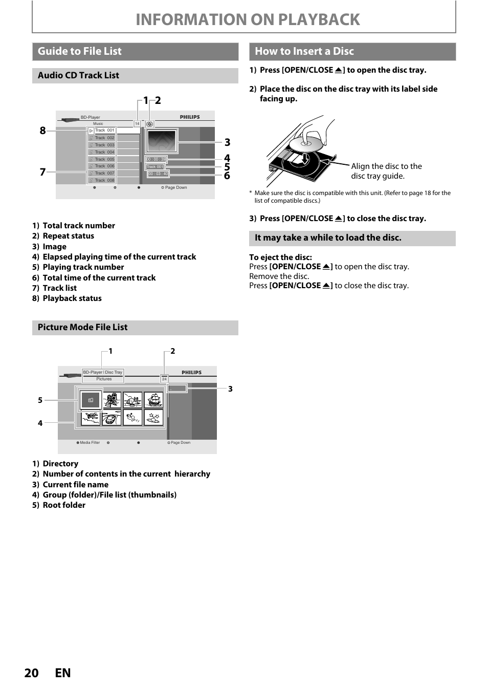 Guide to file list how to insert a disc, Information on playback, Guide to file list | How to insert a disc, Audio cd track list picture mode file list, It may take a while to load the disc | Philips BDP5005/F7 User Manual | Page 20 / 52
