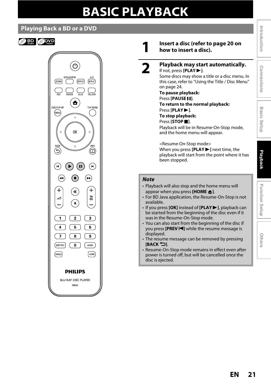 Basic playback, Playing back a bd or a dvd, 21 en | Philips BDP5005/F7 User Manual | Page 21 / 52