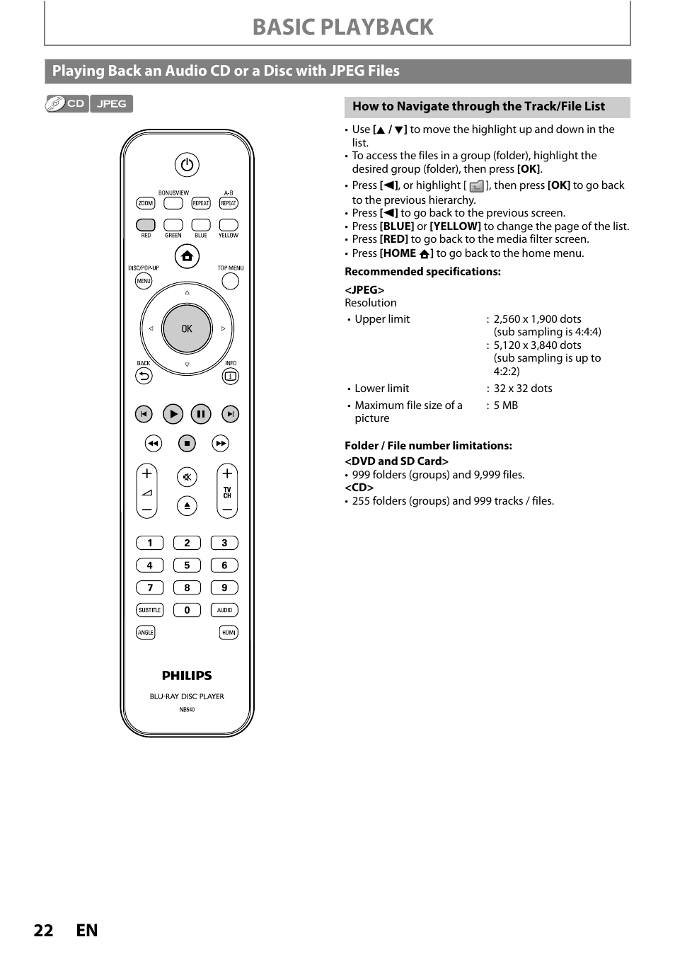 Playing back an audio cd or, A disc with jpeg files, Basic playback | Playing back an audio cd or a disc with jpeg files | Philips BDP5005/F7 User Manual | Page 22 / 52