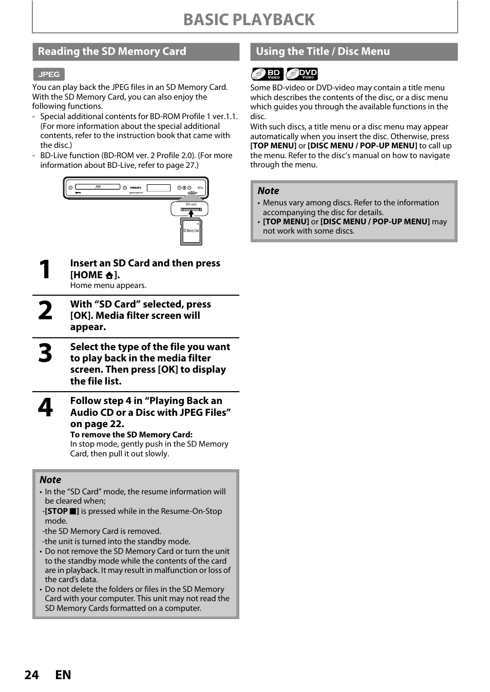 Basic playback | Philips BDP5005/F7 User Manual | Page 24 / 52