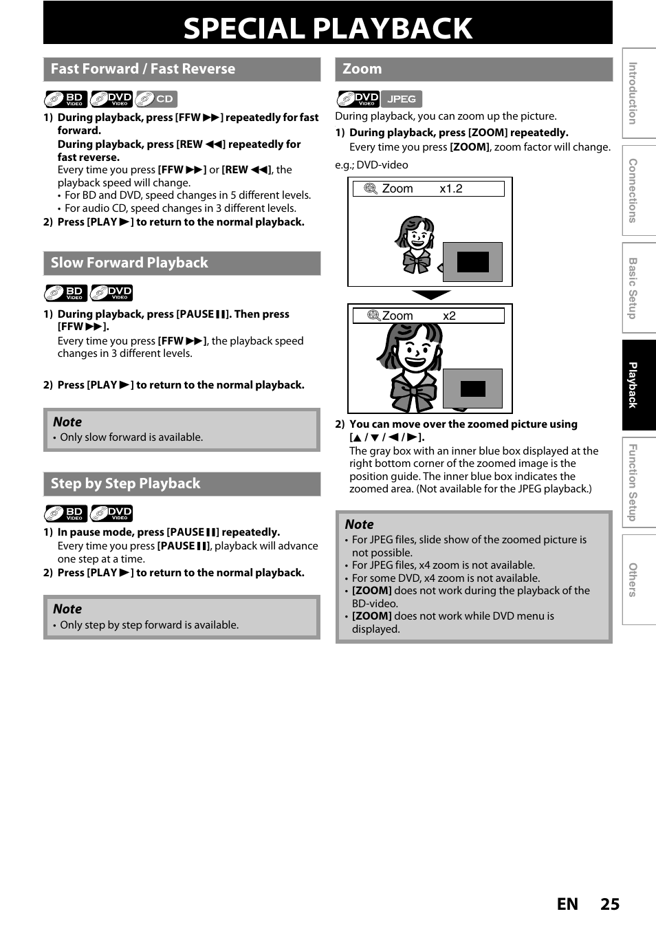 Special playback, 25 en, Fast forward / fast reverse slow forward playback | Step by step playback, Zoom | Philips BDP5005/F7 User Manual | Page 25 / 52