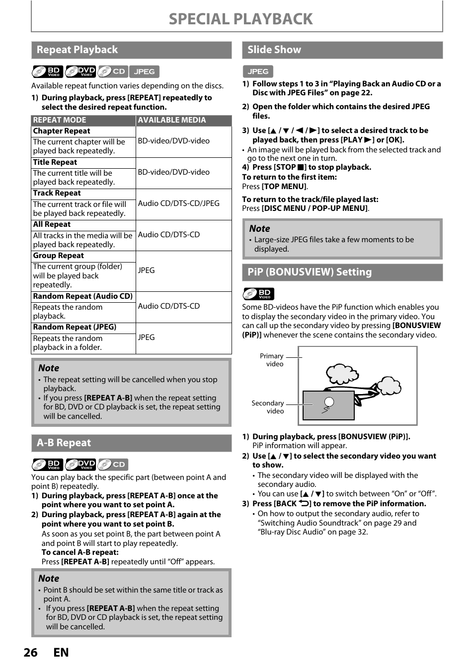Special playback, Repeat playback, A-b repeat | Slide show, Pip (bonusview) setting | Philips BDP5005/F7 User Manual | Page 26 / 52