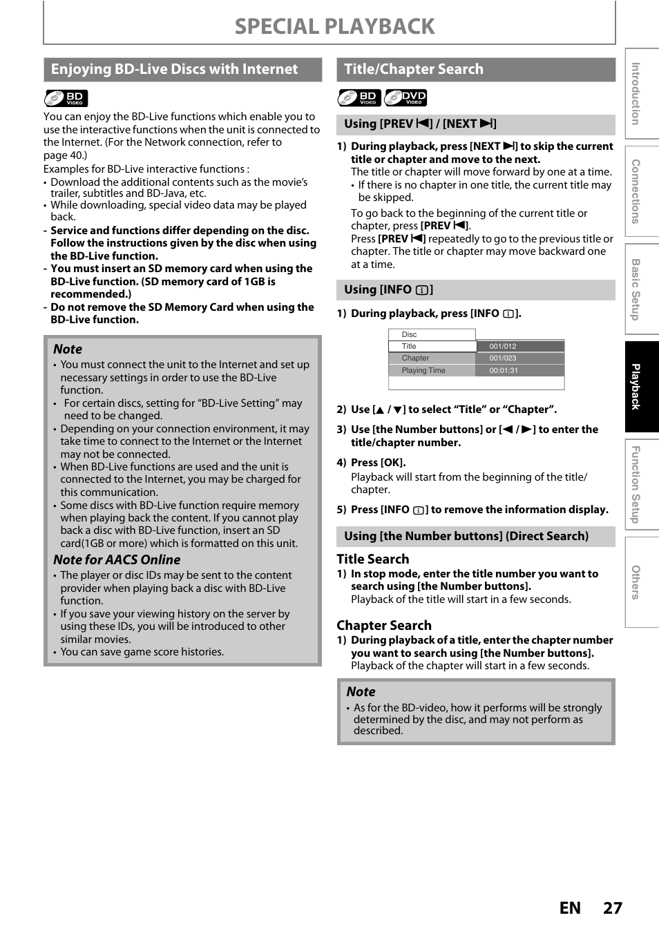 Special playback, Enjoying bd-live d iscs with internet, Title/chapter search | Title search, Chapter search | Philips BDP5005/F7 User Manual | Page 27 / 52