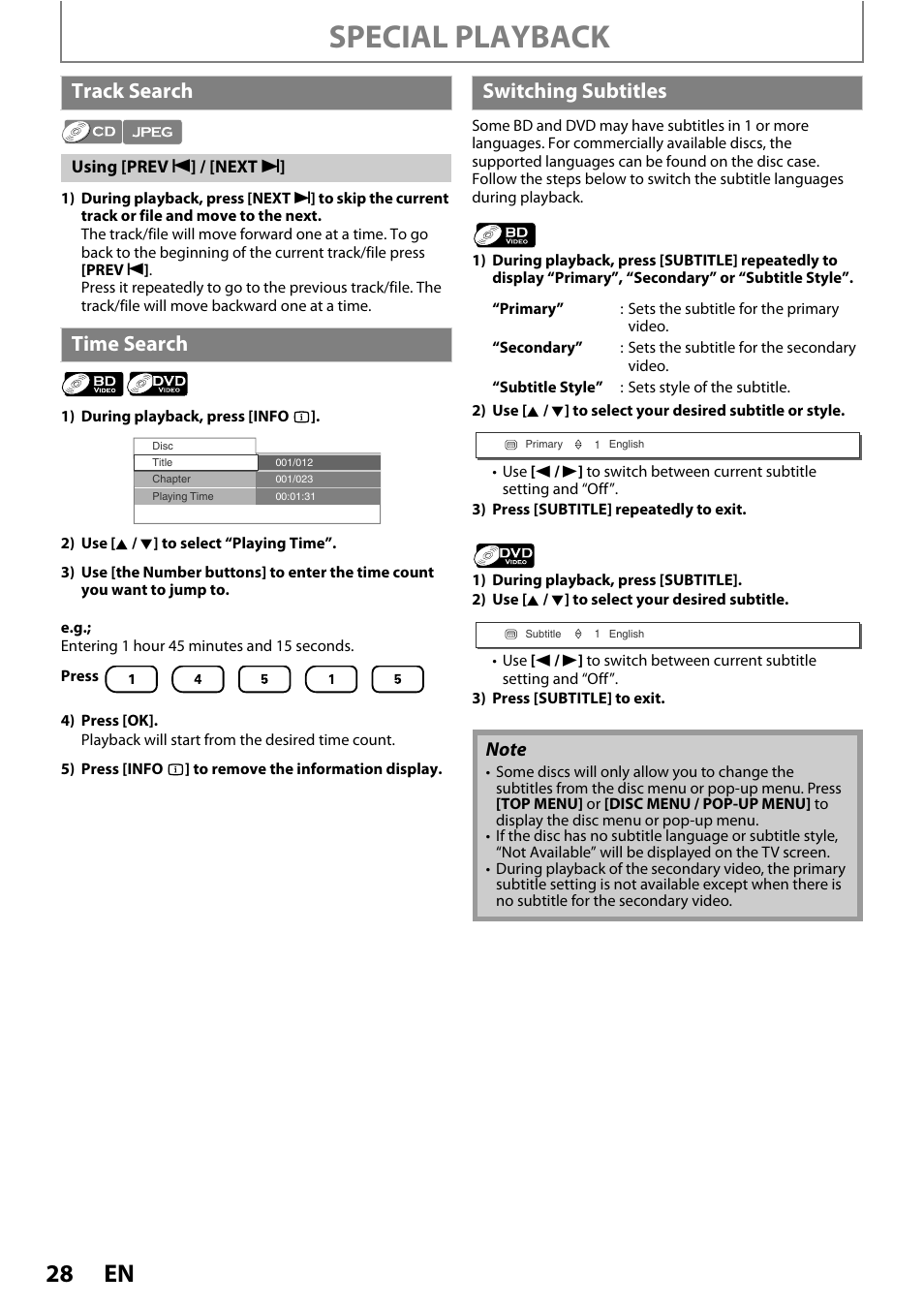 Track search time search switching subtitles, Special playback, Track search | Time search, Switching subtitles | Philips BDP5005/F7 User Manual | Page 28 / 52