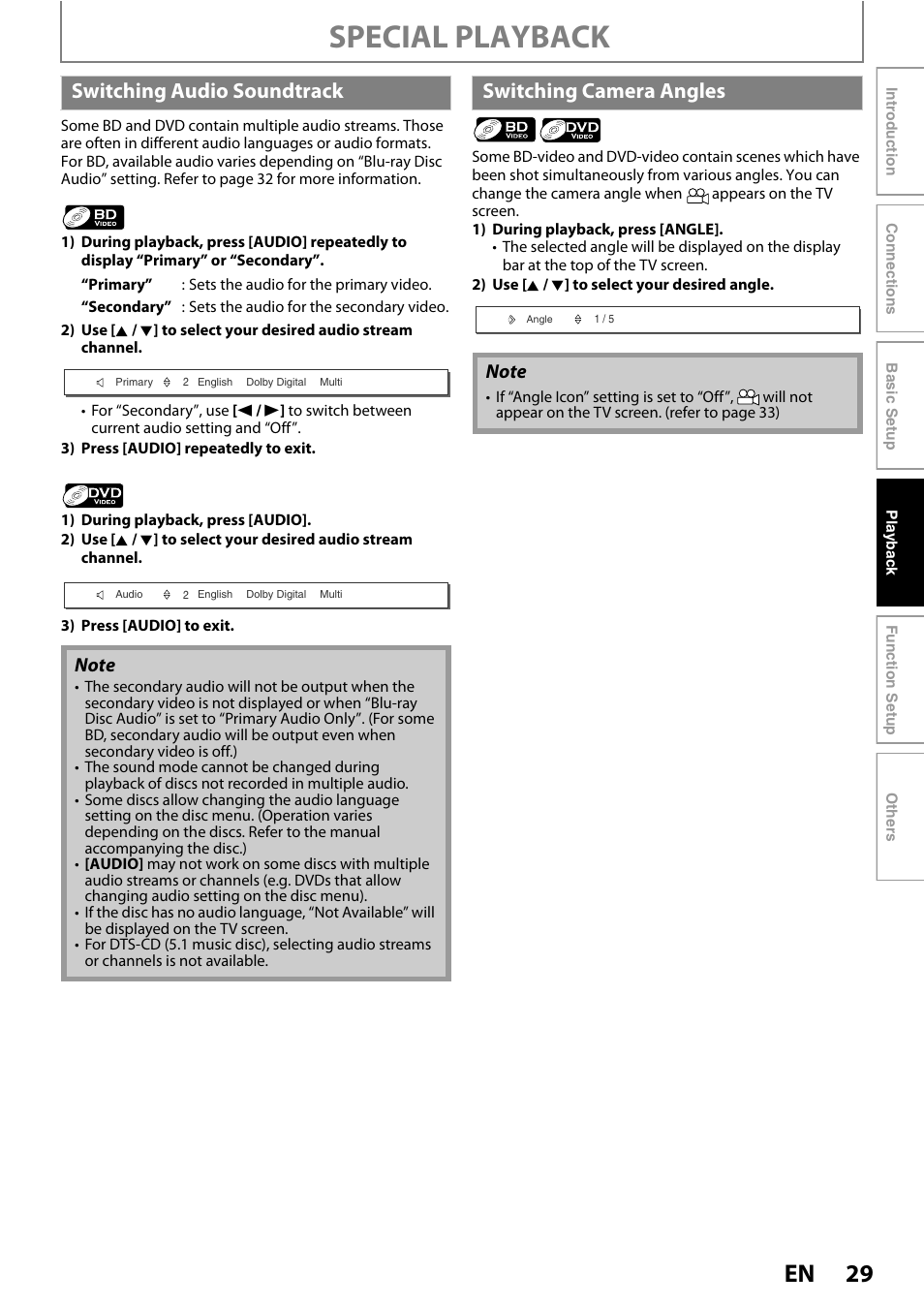 Switching audio soundtrack switching camera angles, Special playback, Switching audio soundtrack | Switching camera angles | Philips BDP5005/F7 User Manual | Page 29 / 52