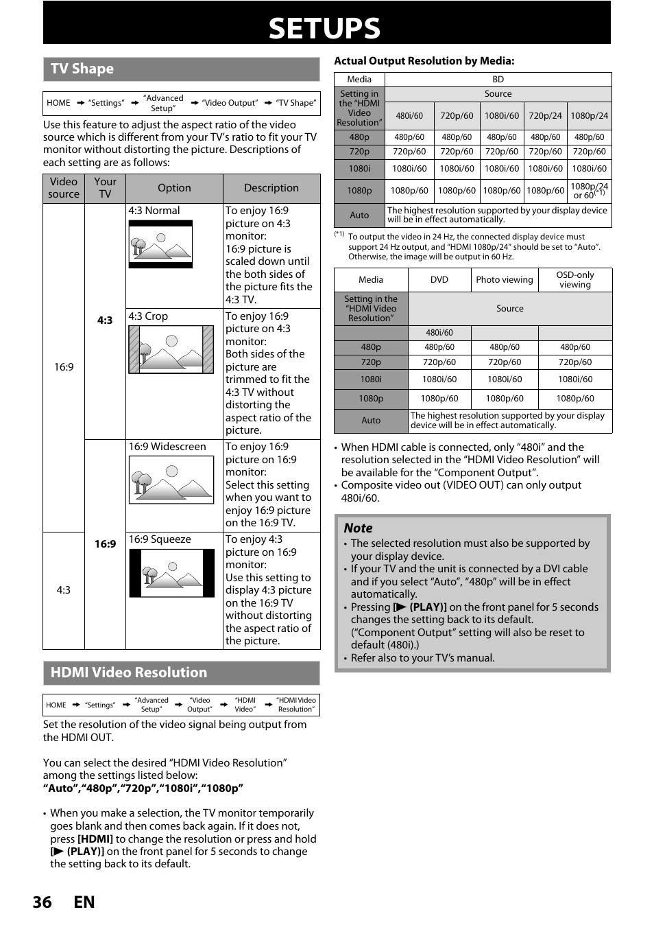 Setups, Tv shape hdmi video resolution, En 36 | Tv shape, Hdmi video resolution | Philips BDP5005/F7 User Manual | Page 36 / 52