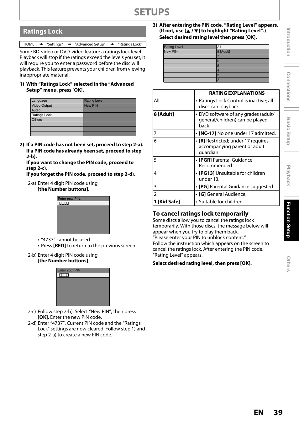 Ratings lock, Setups | Philips BDP5005/F7 User Manual | Page 39 / 52