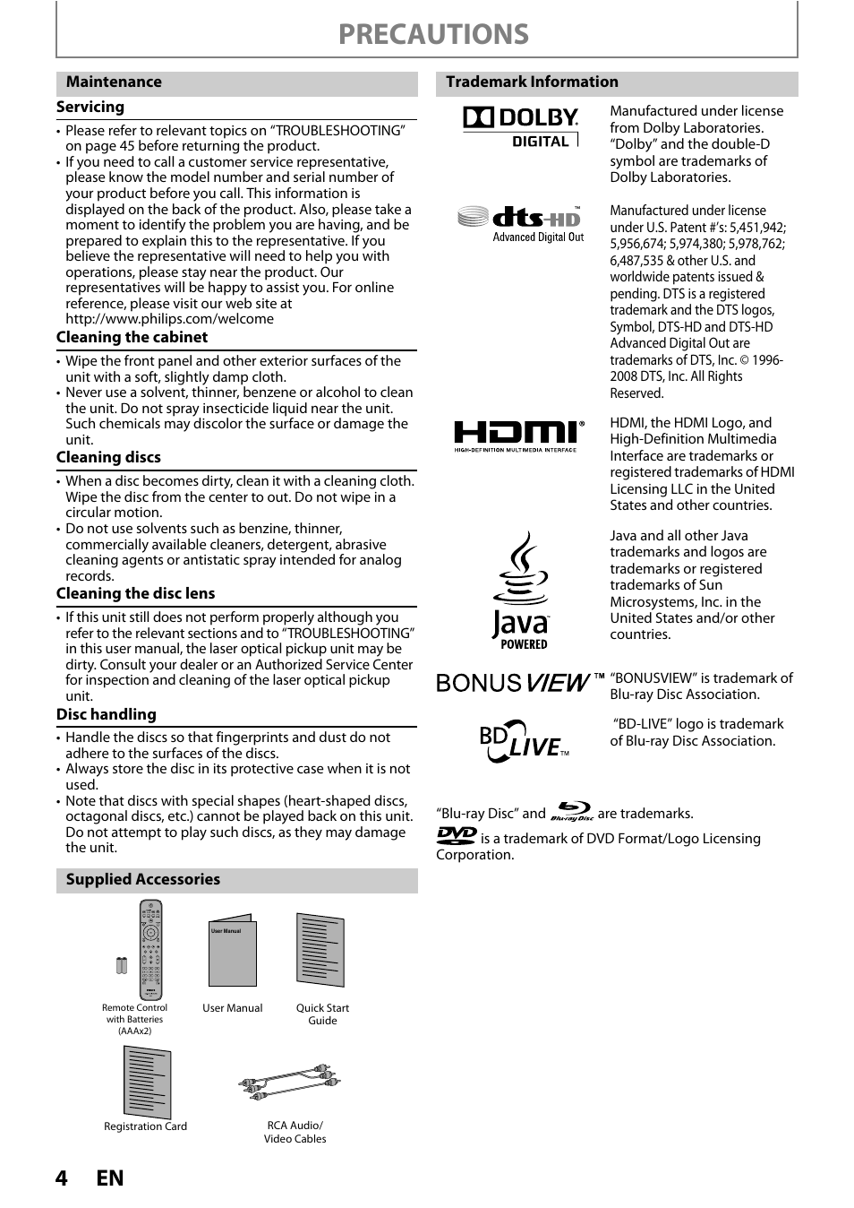 Precautions | Philips BDP5005/F7 User Manual | Page 4 / 52