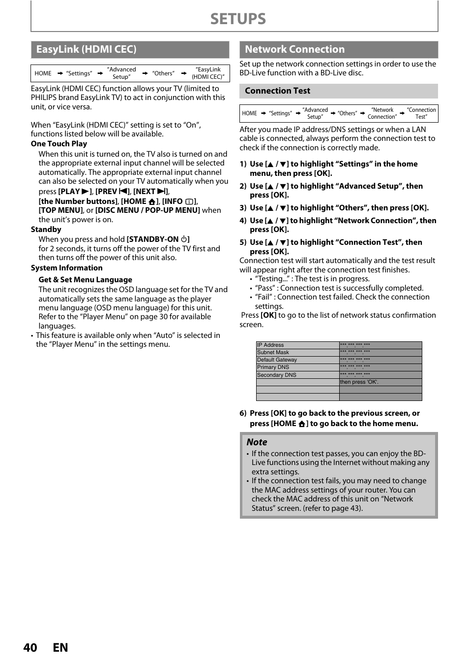 Easylink (hdmi cec) network connection, Setups, Easylink (hdmi cec) | Network connection | Philips BDP5005/F7 User Manual | Page 40 / 52