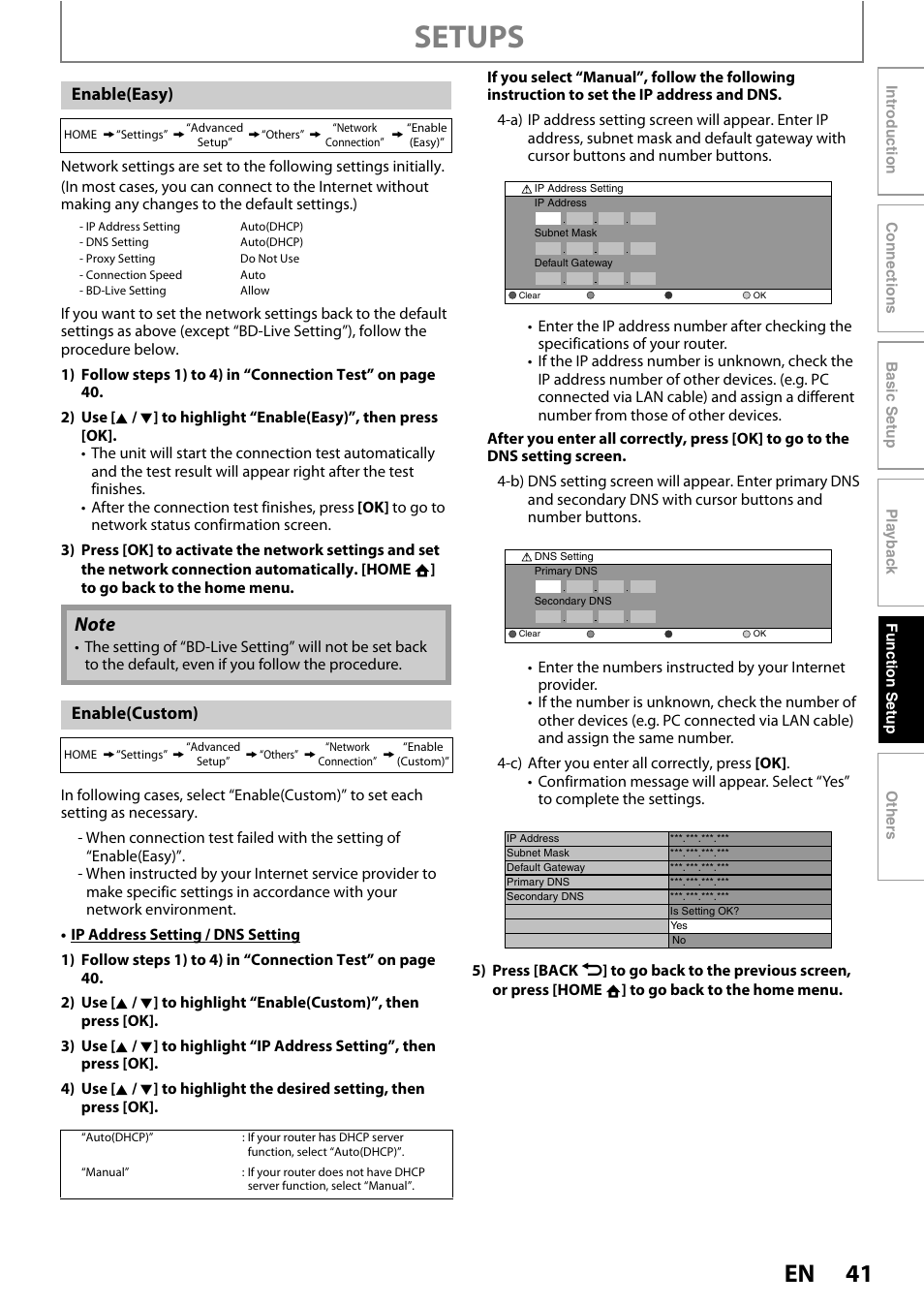 Setups, Enable(easy), Enable(custom) | Philips BDP5005/F7 User Manual | Page 41 / 52