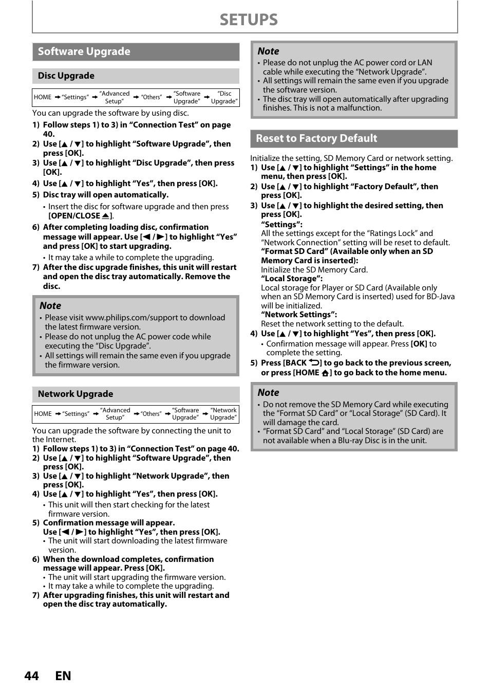 Software upgrade reset to factory default, Setups, Software upgrade | Reset to factory default | Philips BDP5005/F7 User Manual | Page 44 / 52