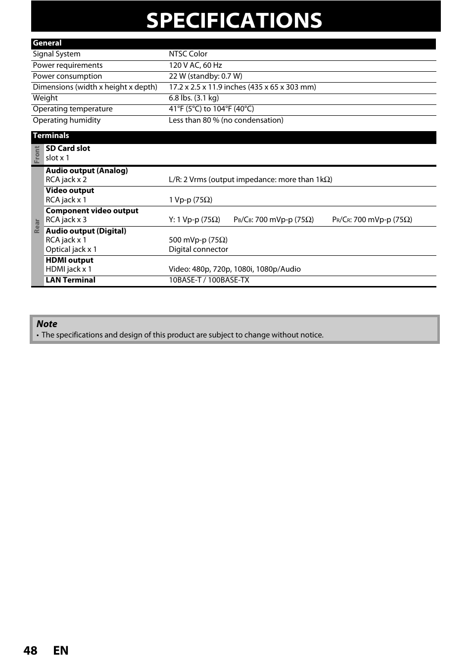 Specifications, En 48 | Philips BDP5005/F7 User Manual | Page 48 / 52