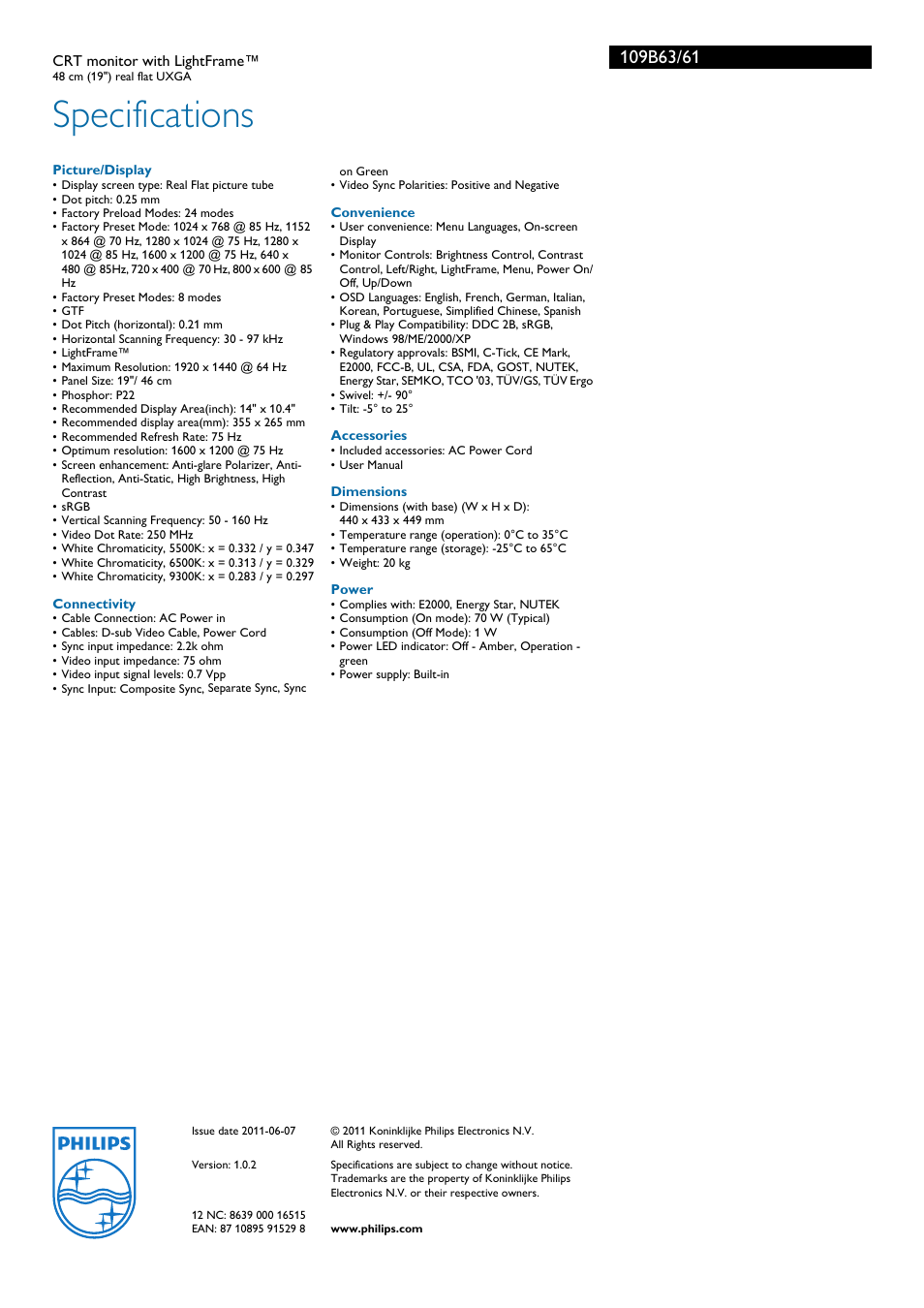 Specifications | Philips 109B63 User Manual | Page 3 / 3