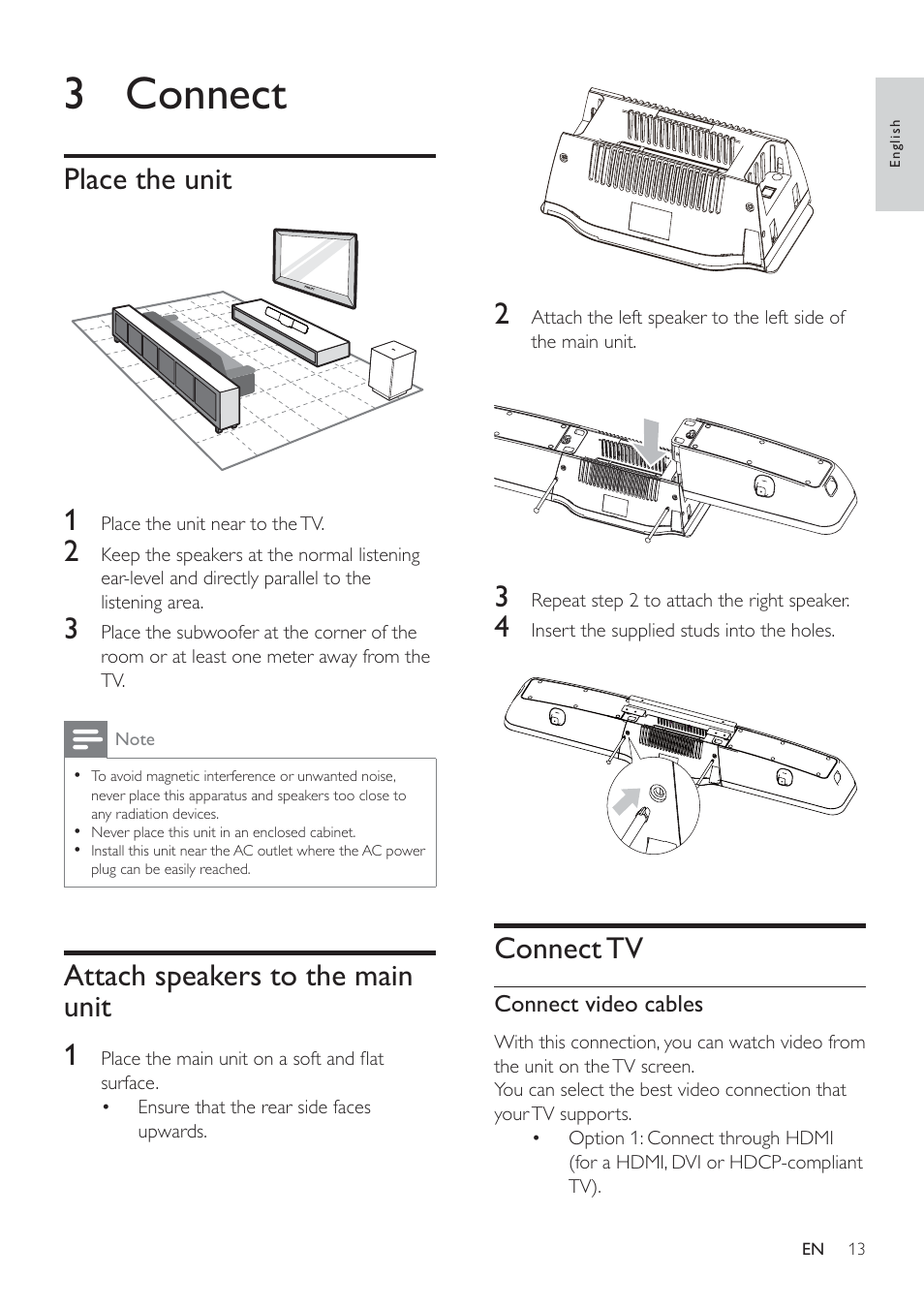 3 connect, Connect tv, Place the unit 1 | Attach speakers to the main unit 1 | Philips HSB4352/12 User Manual | Page 12 / 36